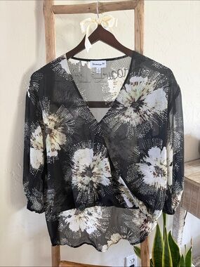 Veronica M Black Floral Faux-Wrap Blouse